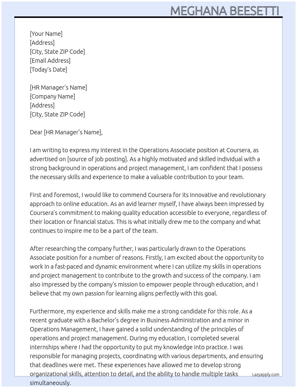 Operations Associate At Coursera Cover Letter