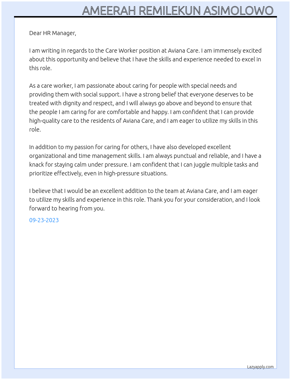 care worker At Aviana care  Cover Letter
