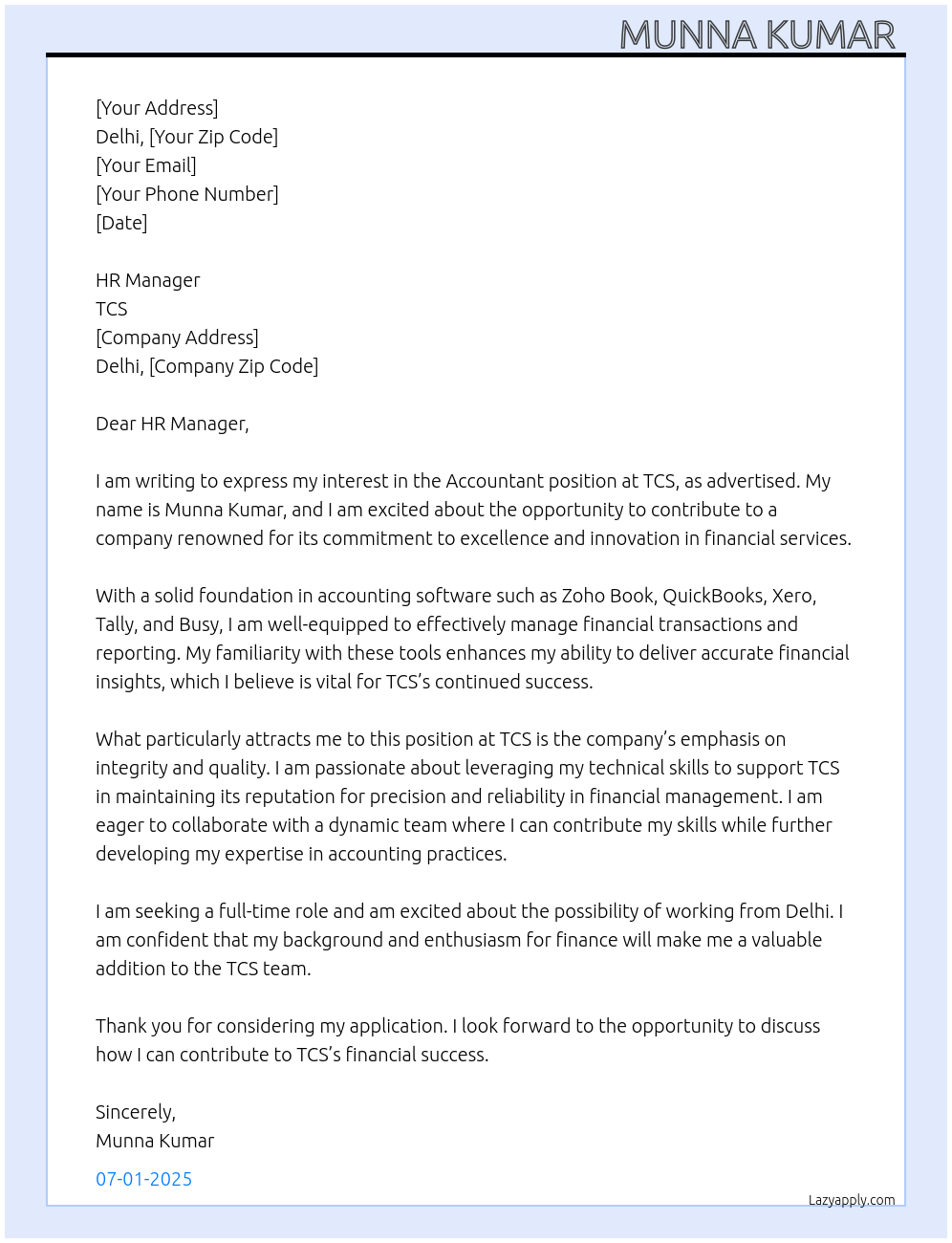 Accountant  At TCS  Cover Letter