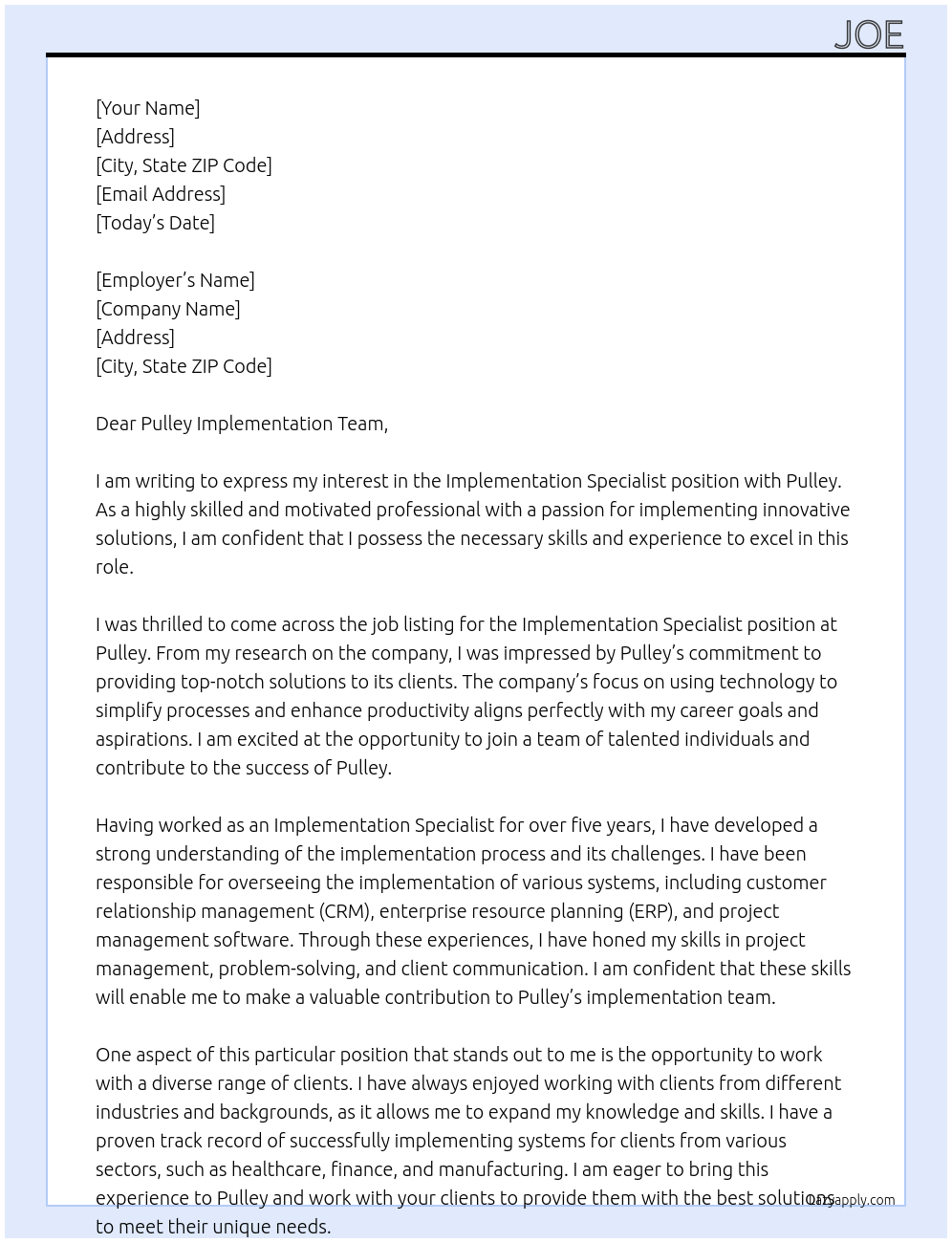 Implementation Specialist At Pulley Cover Letter