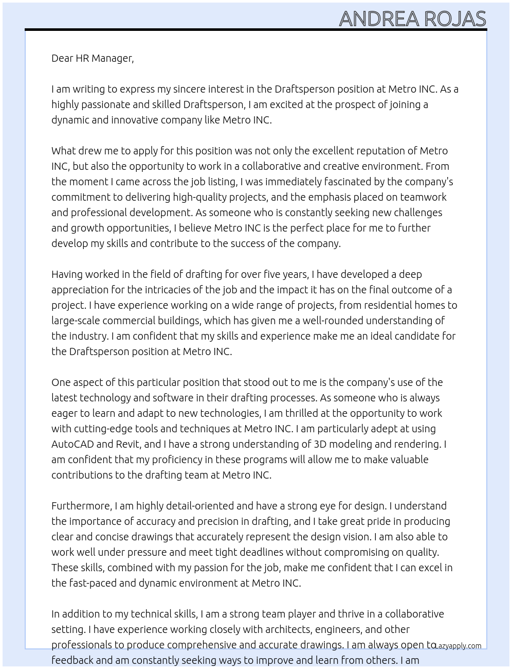 Draftsperson At Metro INC Cover Letter