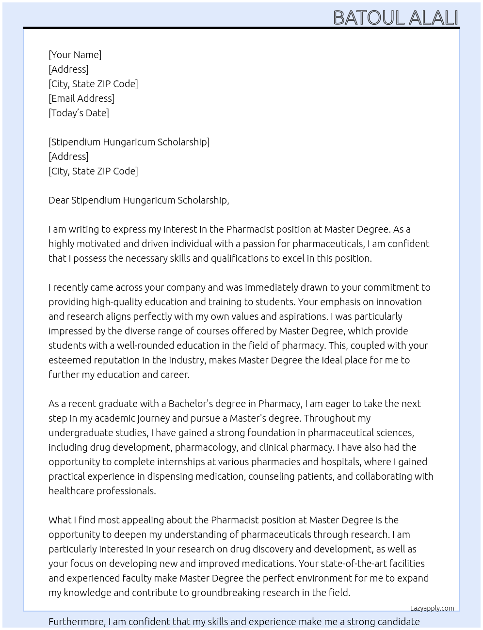 Pharmacist At Master Degree Cover Letter