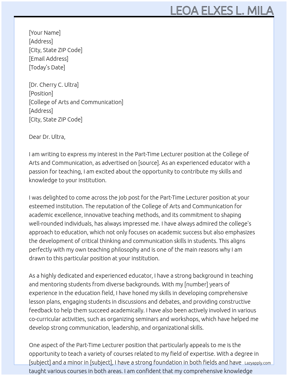Part-Time Lecturer At College of Arts and Communicatio  Cover Letter
