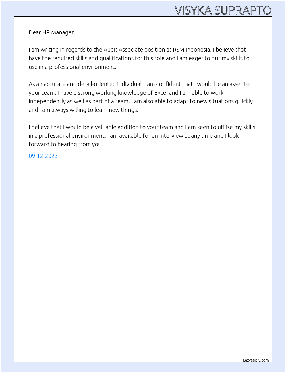 Audit Associate At RSM Indonesia Cover Letter