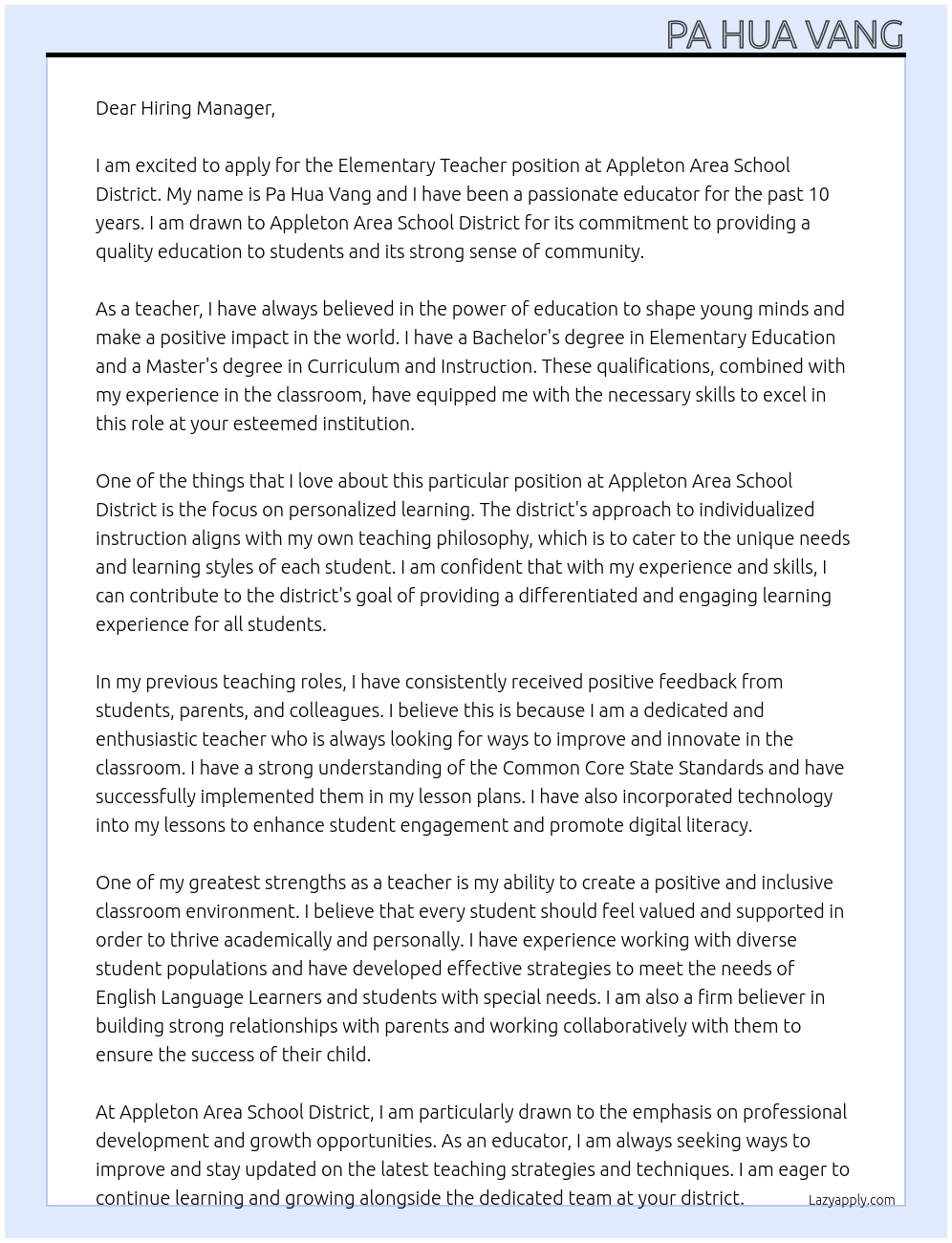 Elementary Teacher At Appleton Area School District Cover Letter