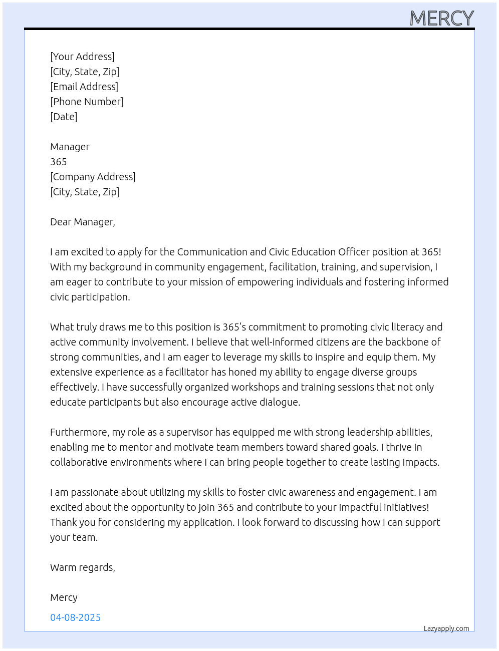 Cover letter for communication and civic education officer - LazyApply