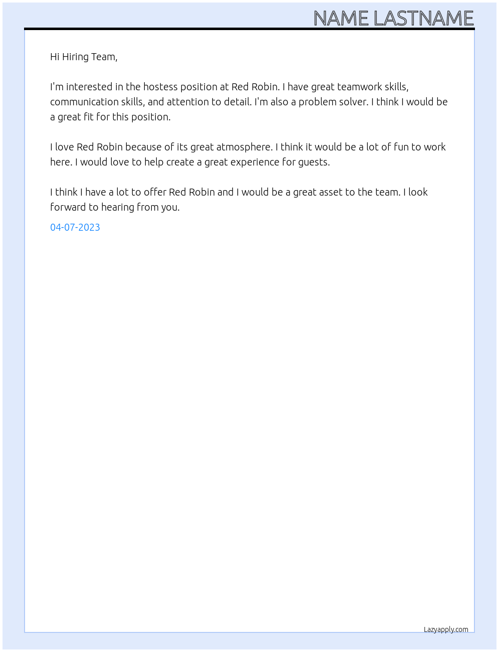 Hostess At Red Robin Cover Letter