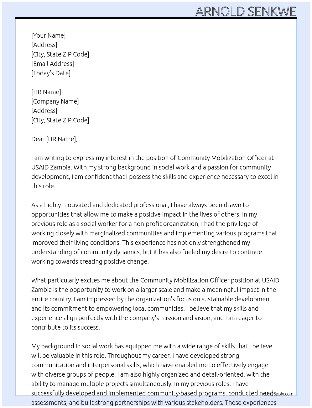 community Mobilization Officer At USAID ZAMBIA Cover Letter