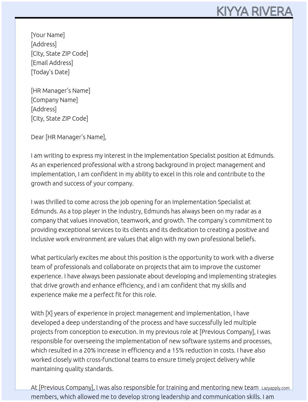 Implementation Specialist At Edmunds Cover Letter