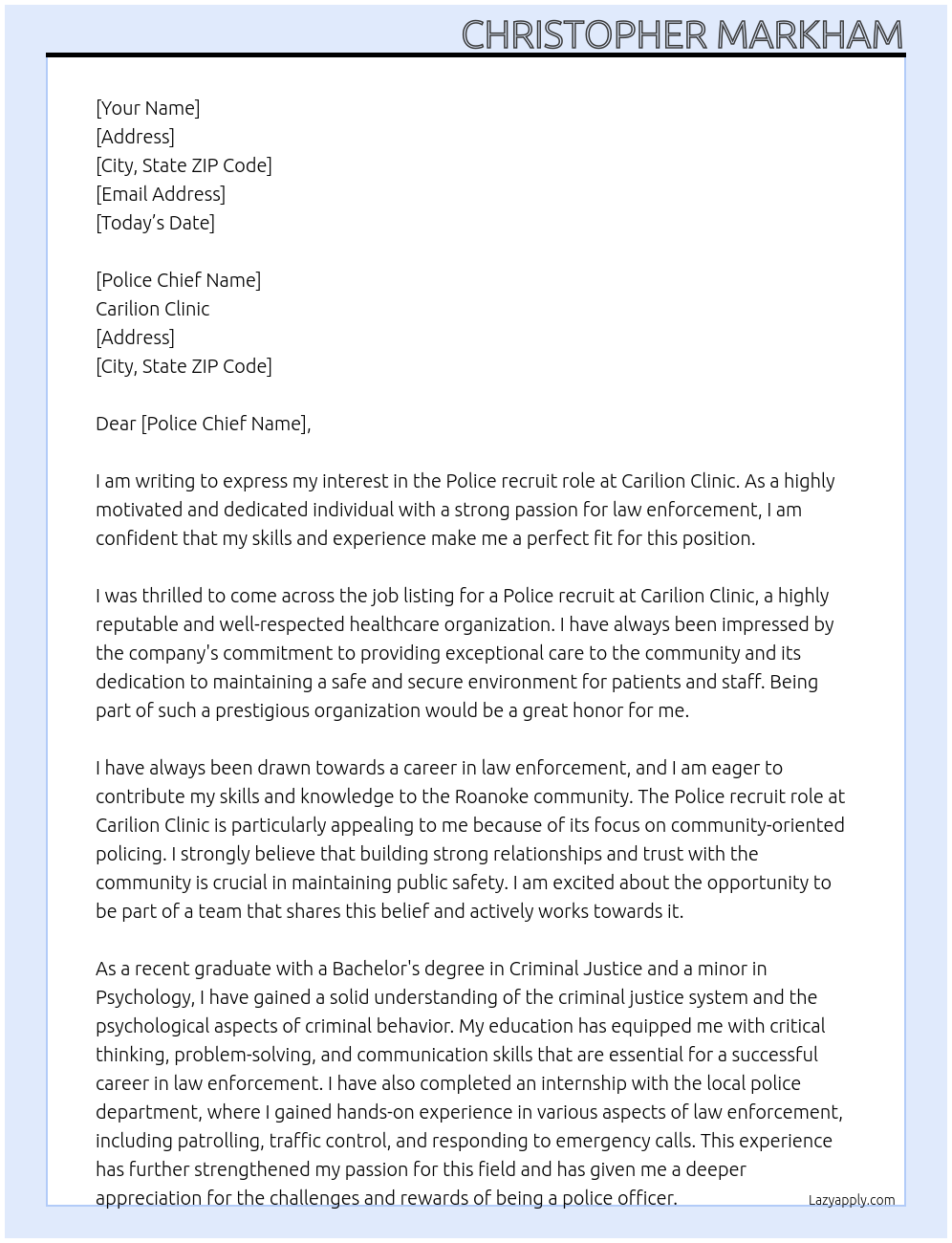 Cover letter for police recruit - LazyApply