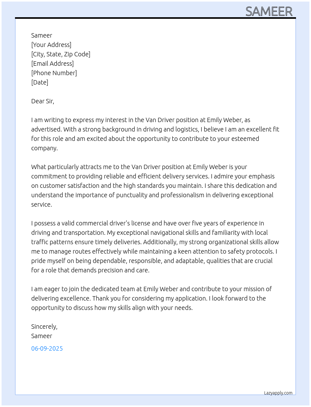 Cover letter for van driver - LazyApply