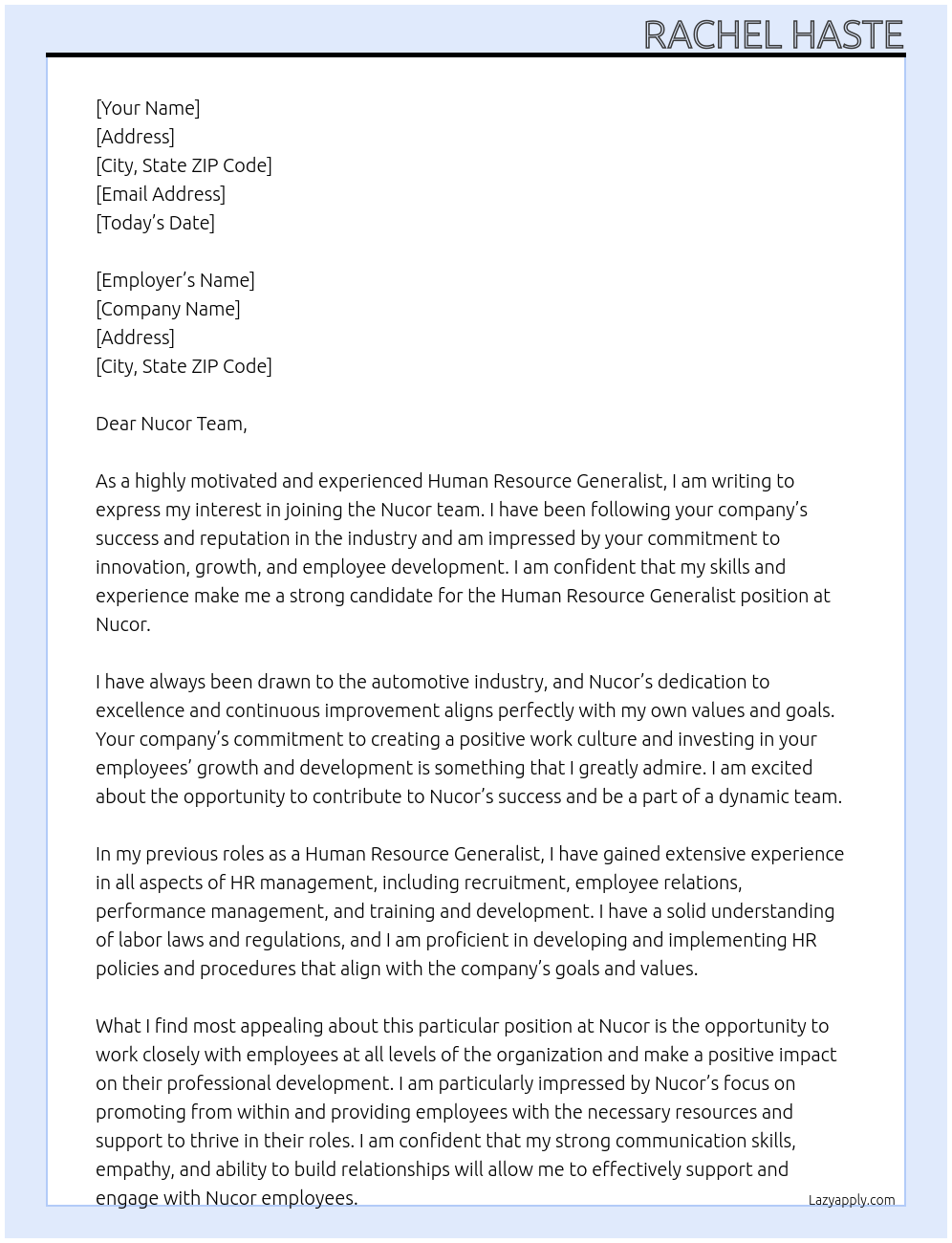 Human Resource Generalist At Nucor Cover Letter