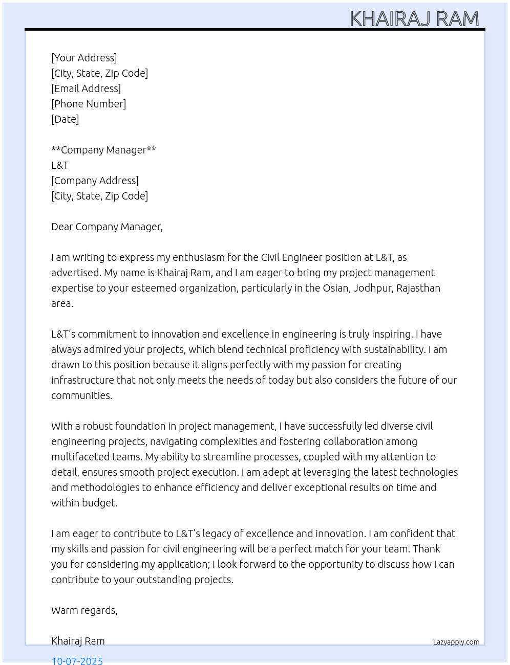 Civil engineer At L&T Cover Letter