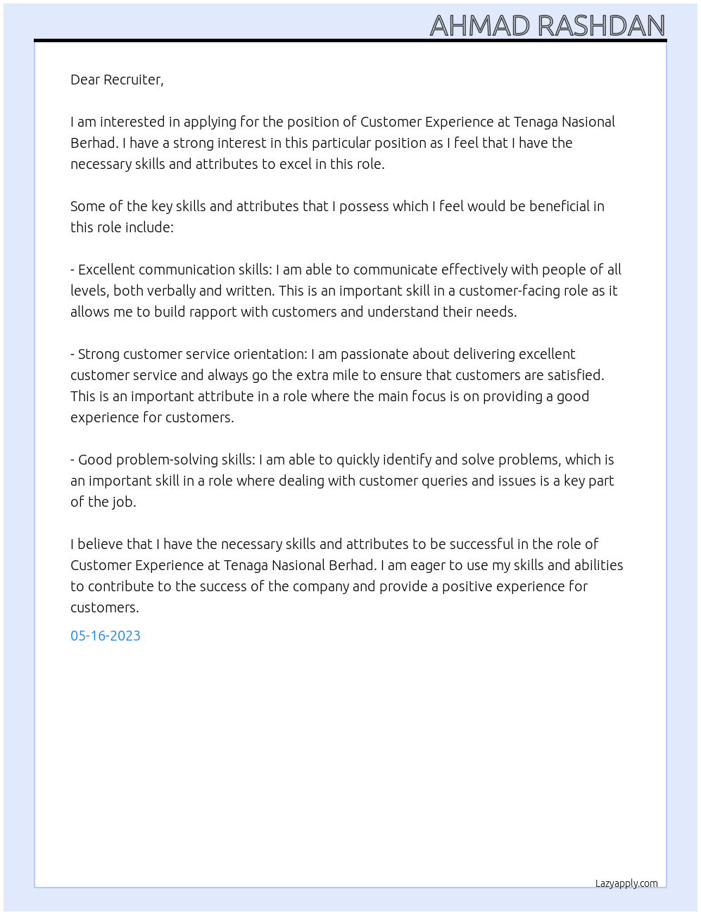 Customer Experience At Tenaga Nasional Berhad Cover Letter