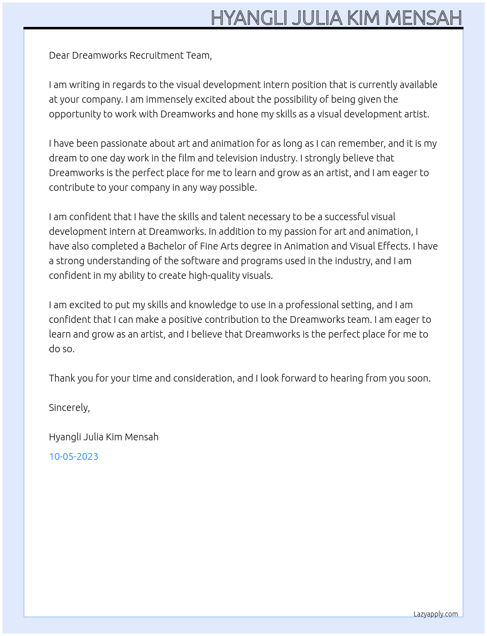 visual develpment intern At Dreamworks Cover Letter