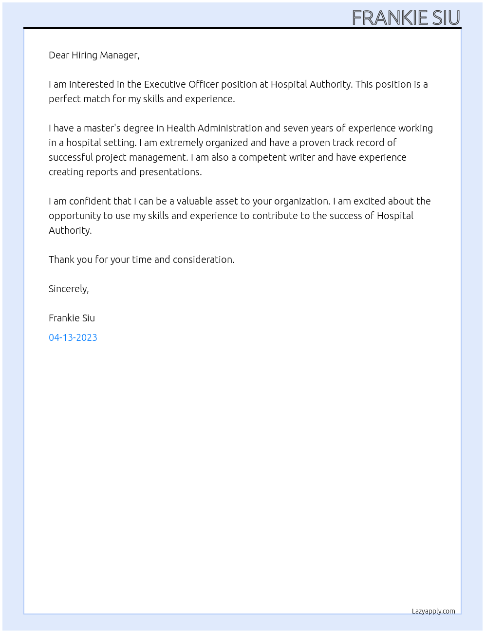 Executive officer At Hospital Authoroty Cover Letter