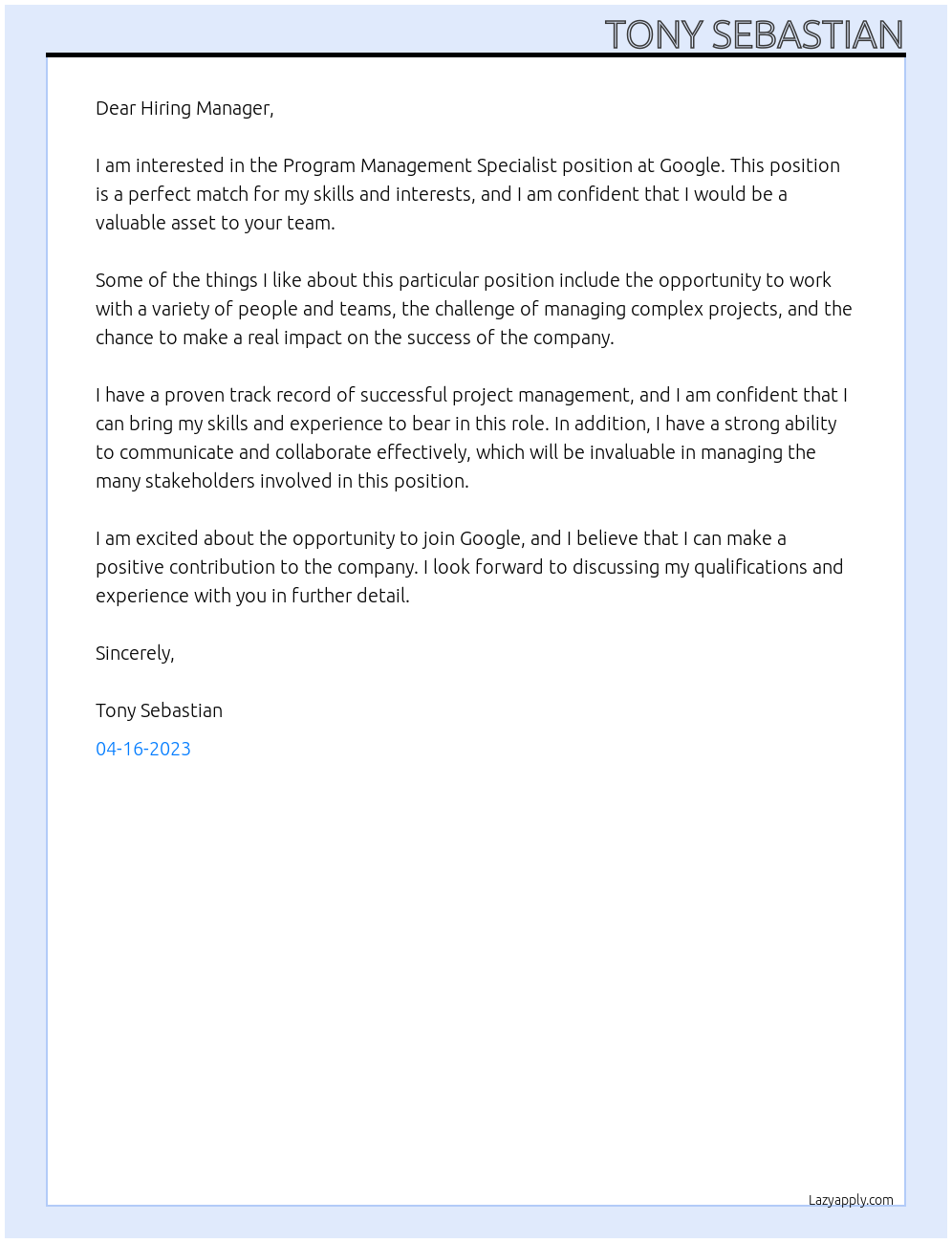 Program Management Specialist At Google Cover Letter