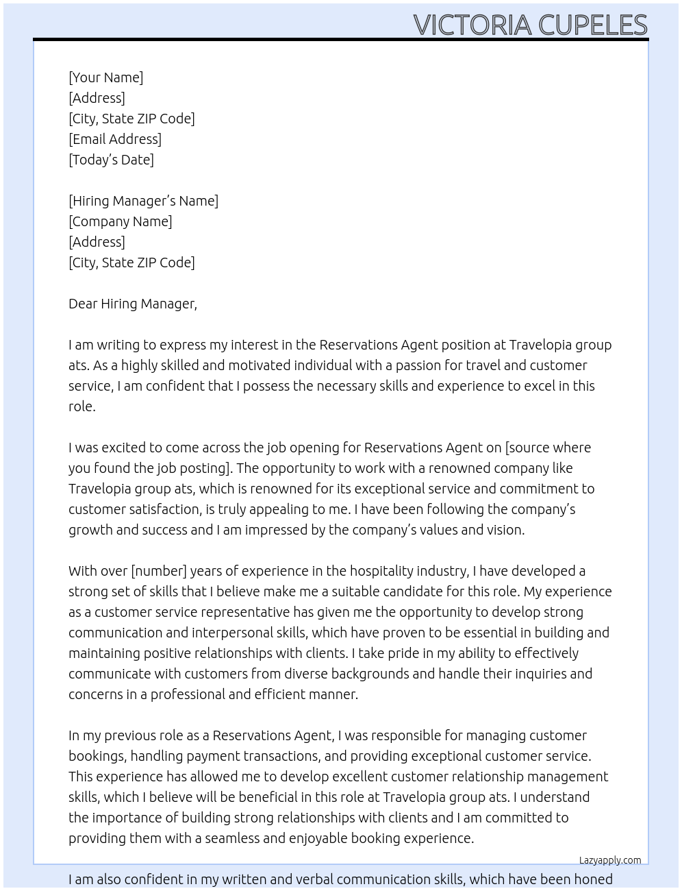 Reservations Agent At Travelopia group ats Cover Letter