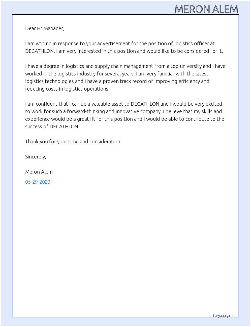 logistics officer At DECATHLON Cover Letter