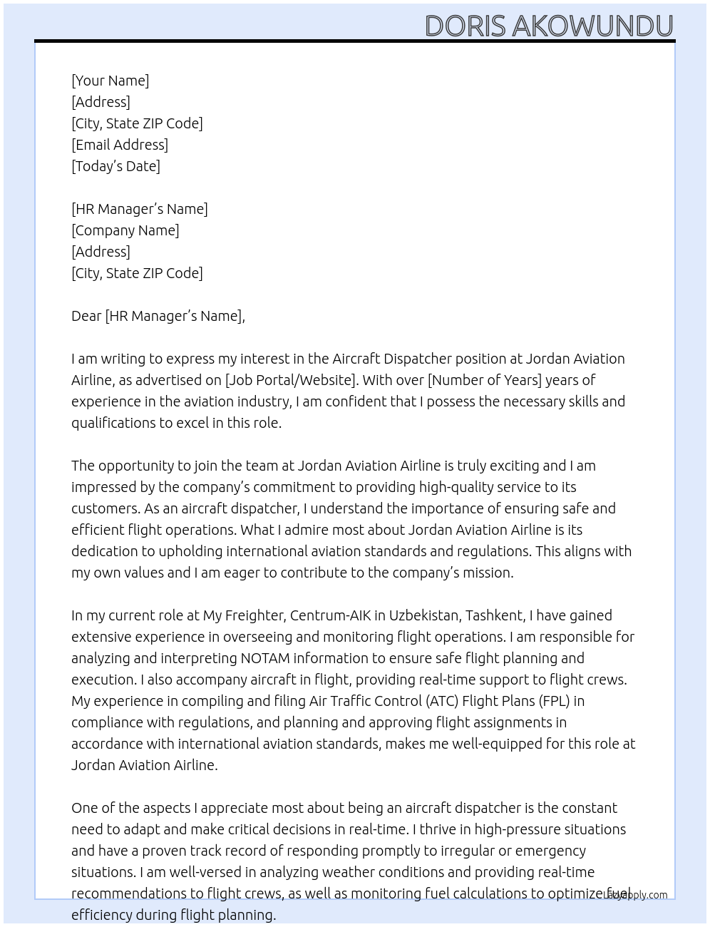 Aircraft dispatcher  At Jordan aviation airline  Cover Letter