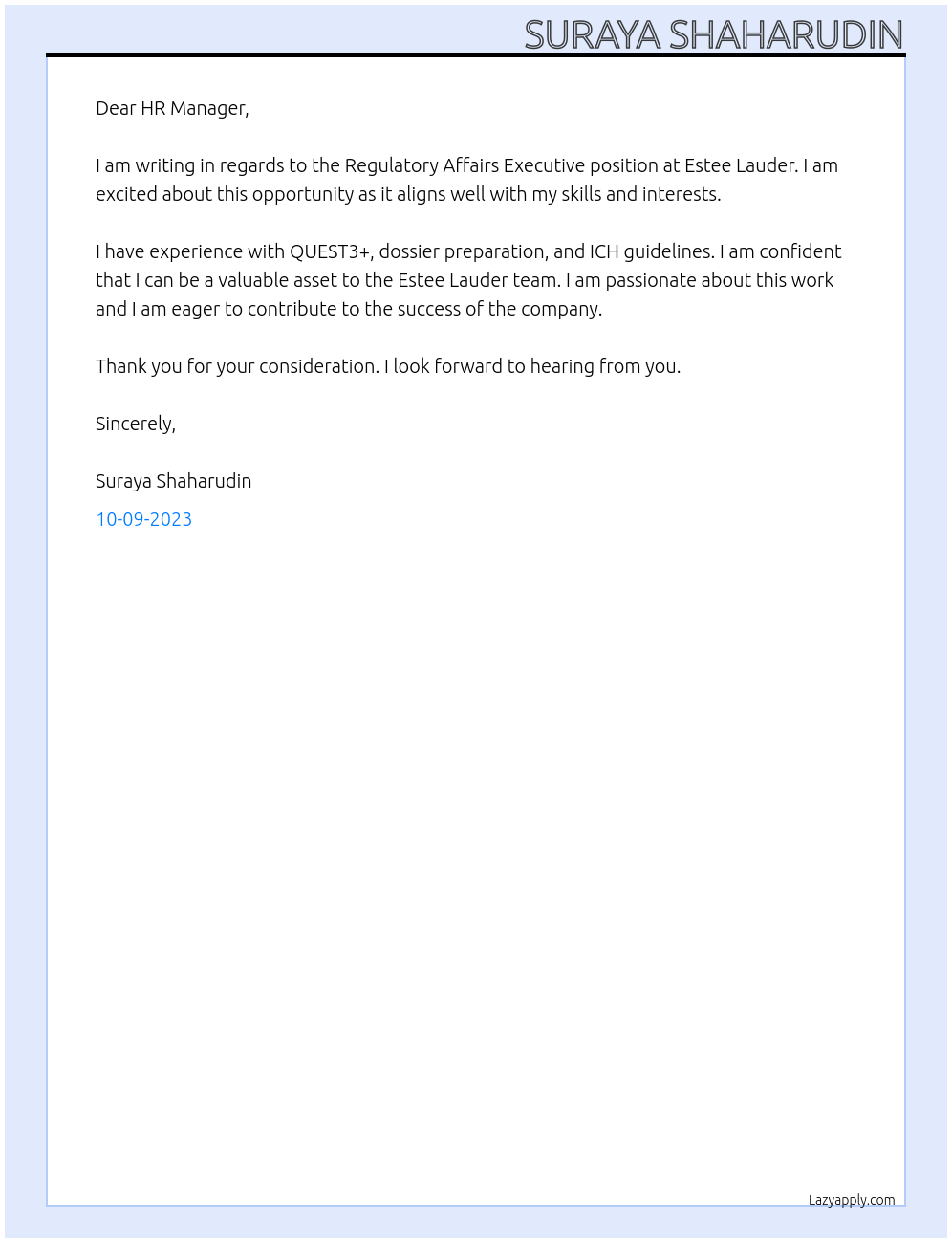 Regulatory Affairs Executive At Estee Lauder Cover Letter