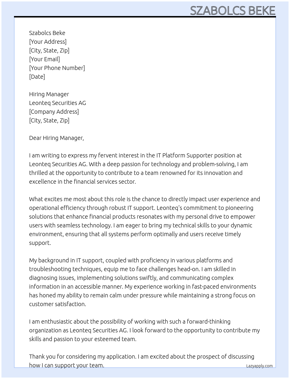 Cover letter for it platform supporter - LazyApply
