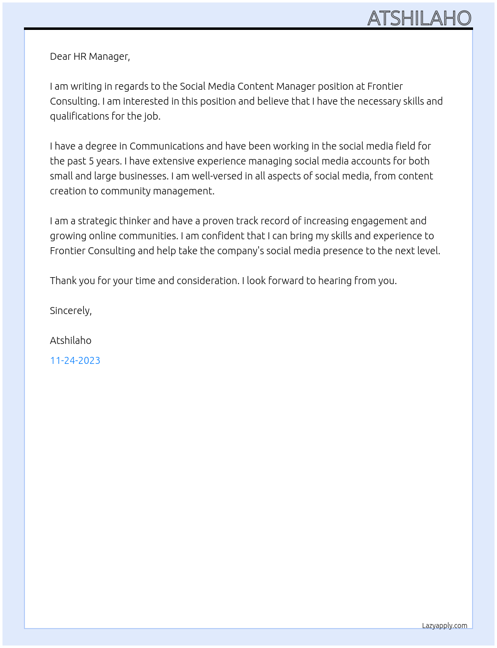 Social Media Content Manager At Frontier Consulting Cover Letter