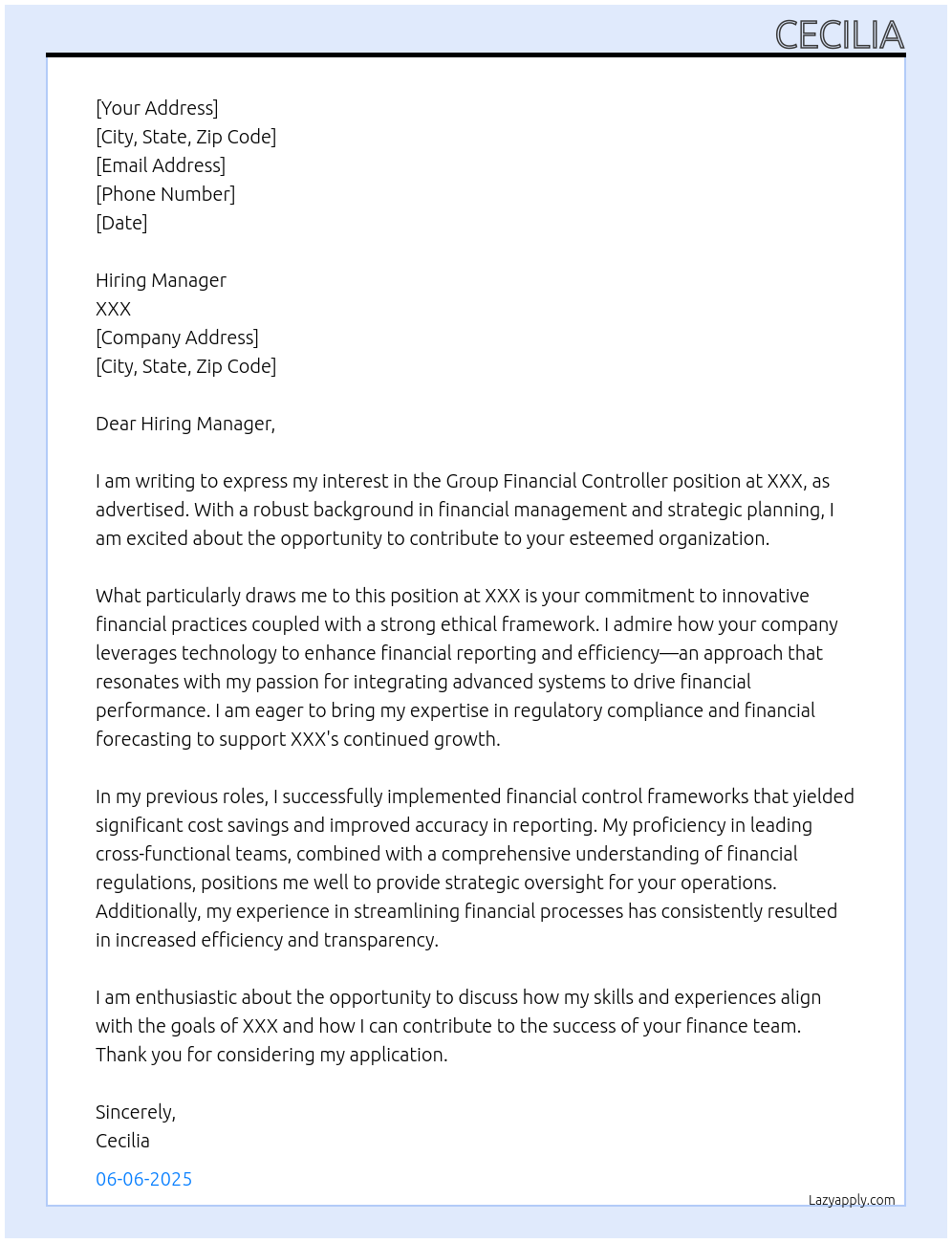 Group Financial Controller At XXX Cover Letter
