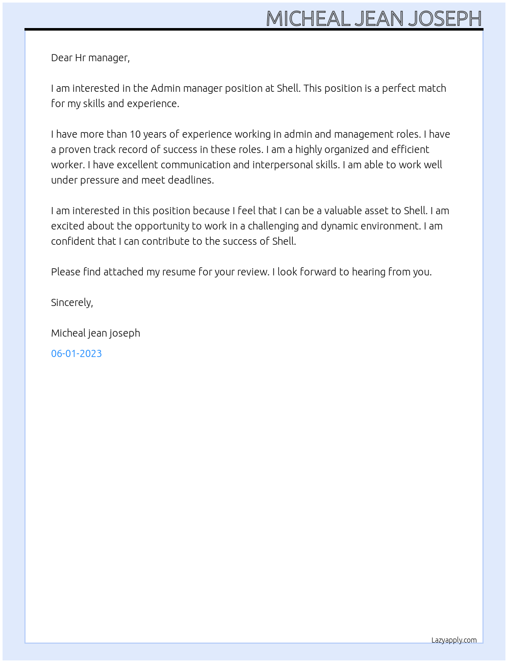 Admin manager At Shell Cover Letter