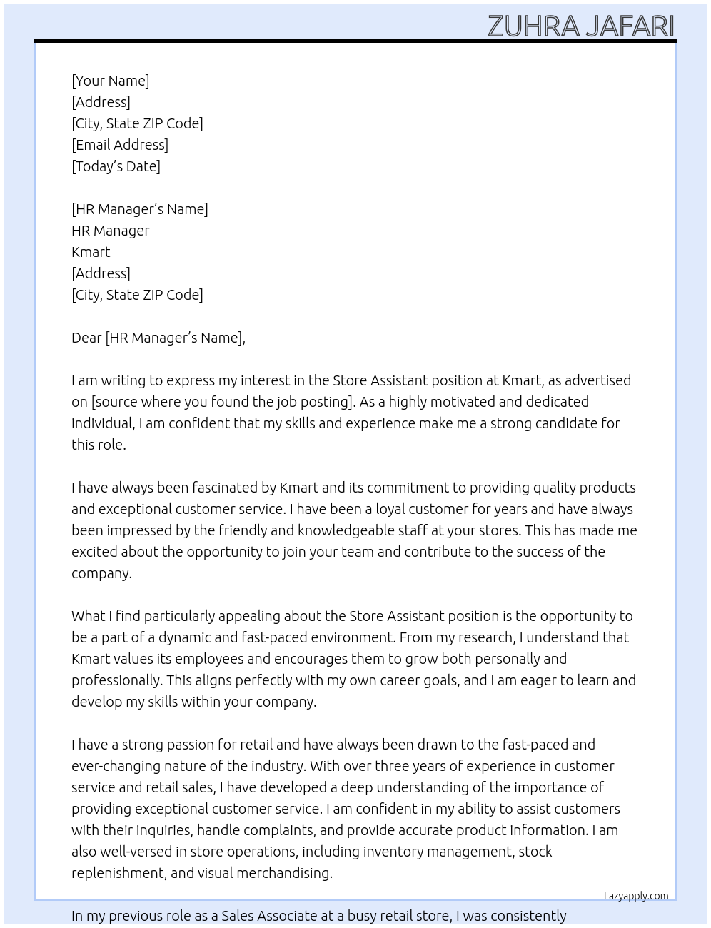 store assistant At kmart Cover Letter