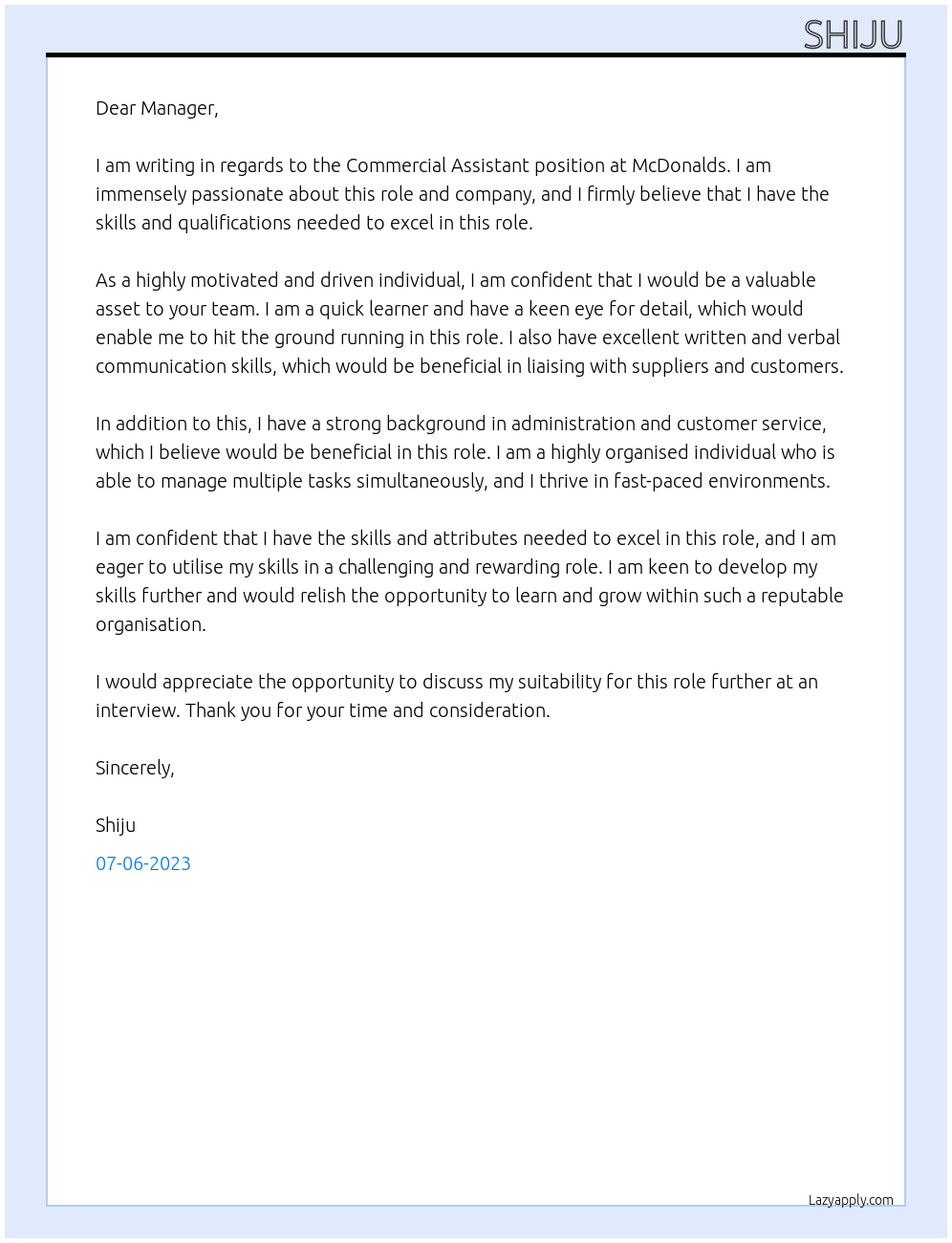 Commercial Assistant At Mcdonalds Cover Letter