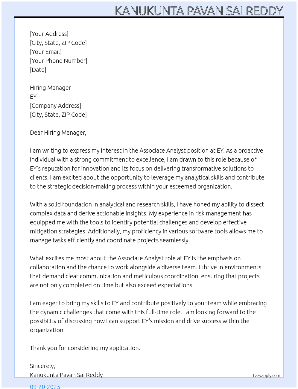 ASSOCIATE ANALYST At EY Cover Letter