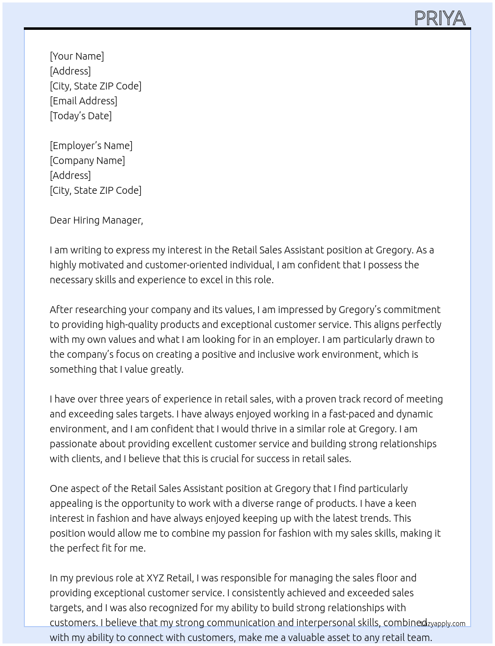 retail sales assistant At Gregory Cover Letter