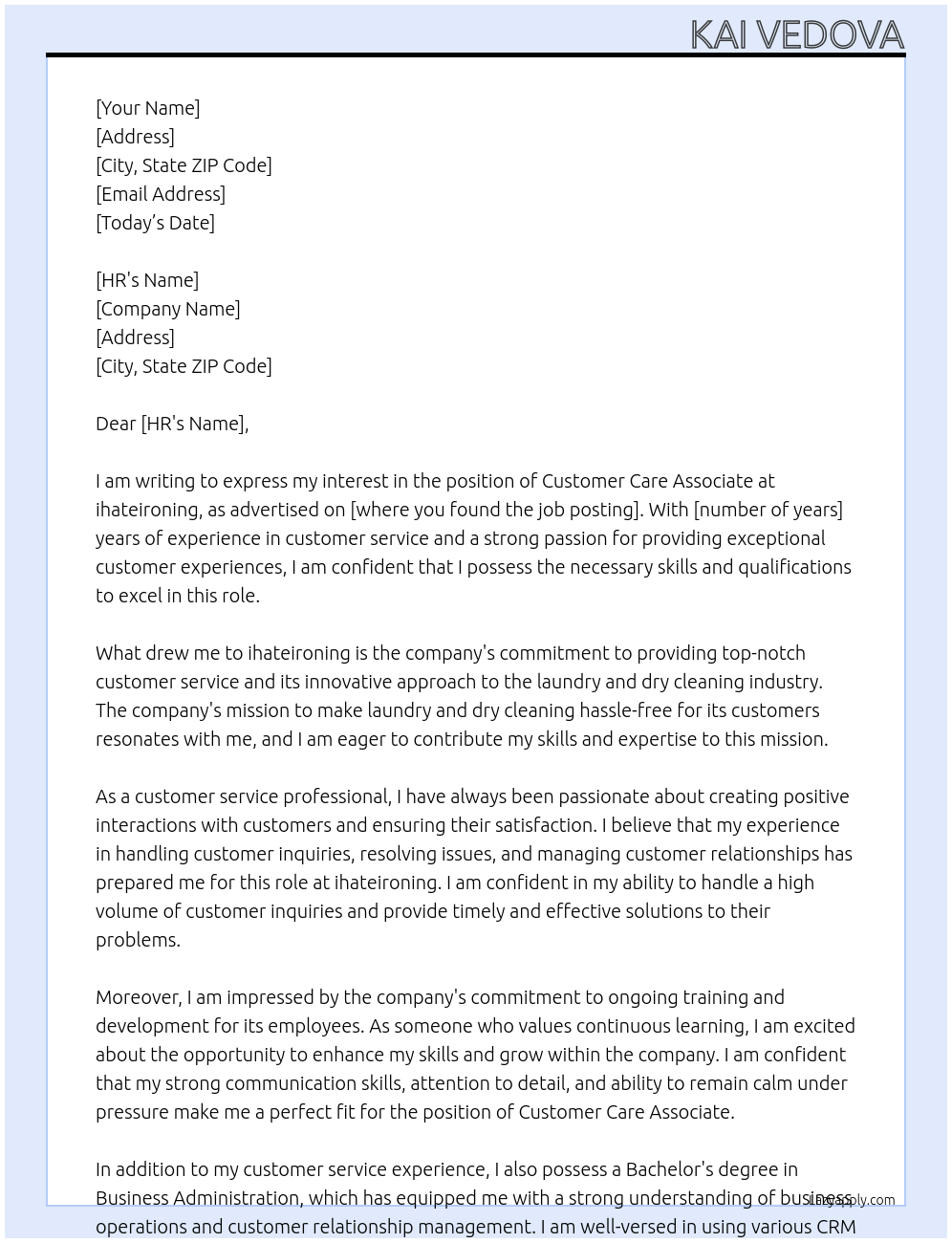 Customer Care Associate At ihateironing Cover Letter