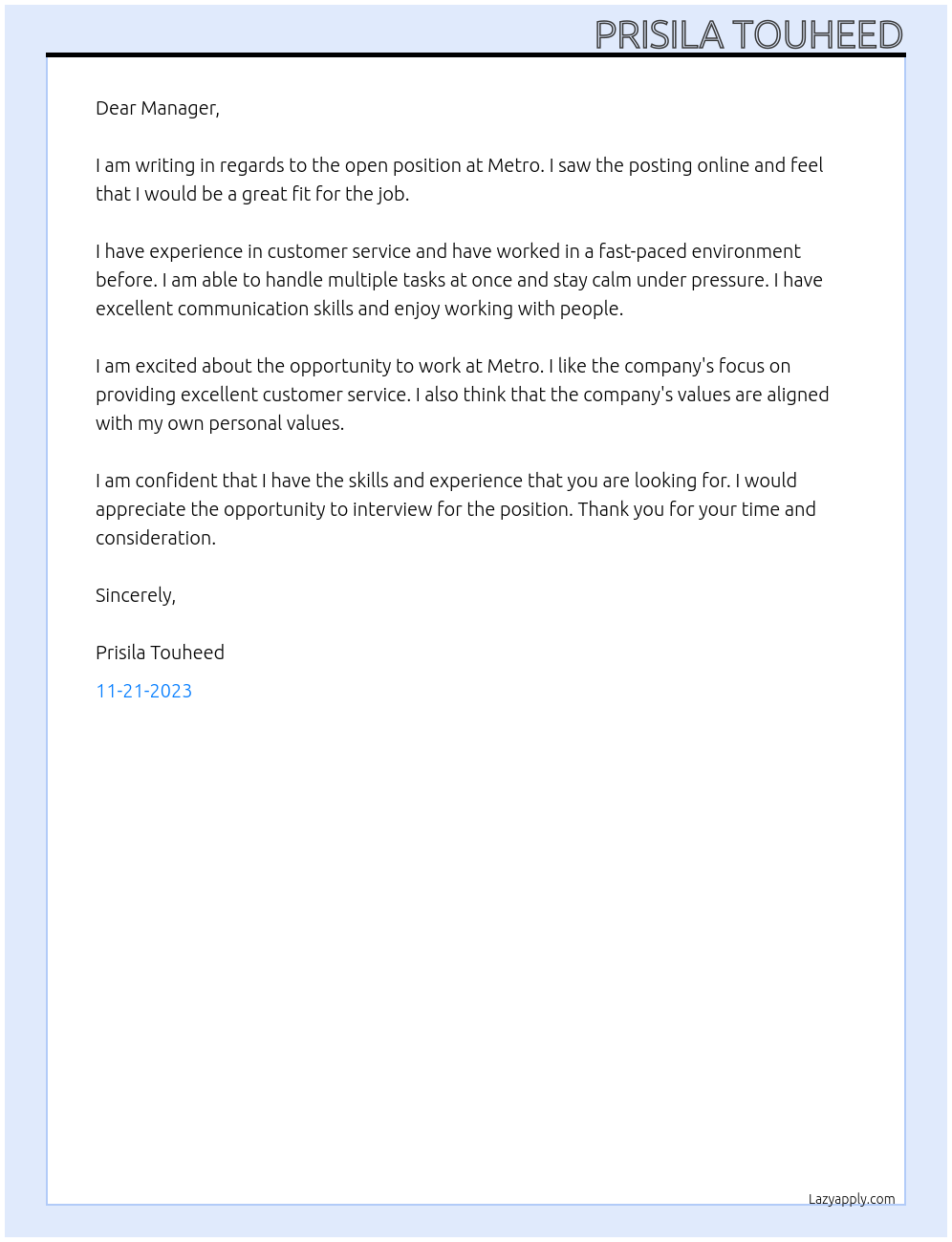 Any suitable position At Metro Cover Letter