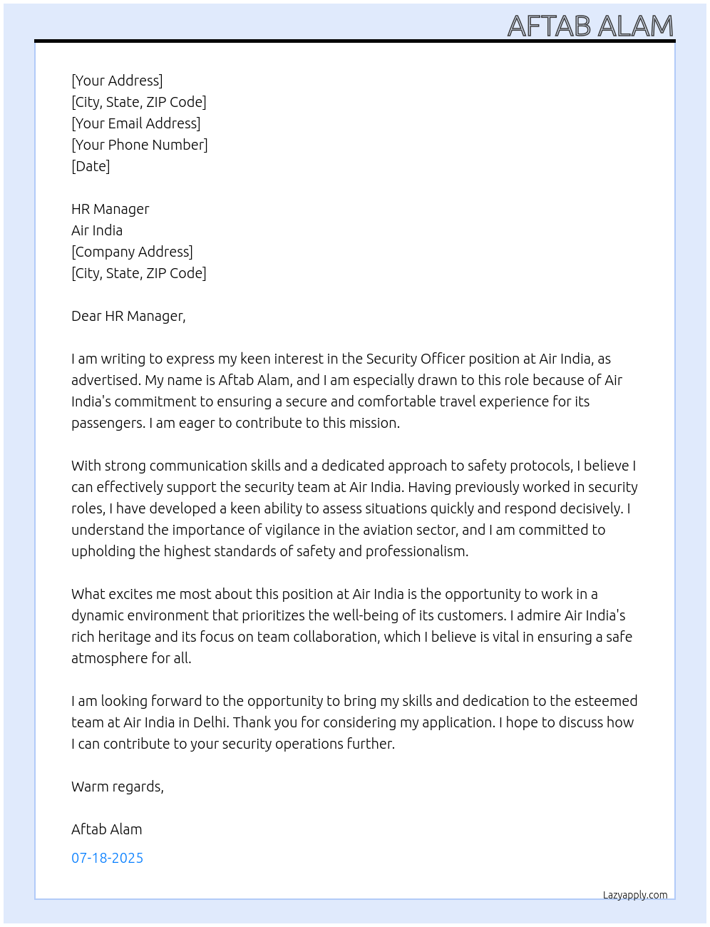 Security At Air India Cover Letter