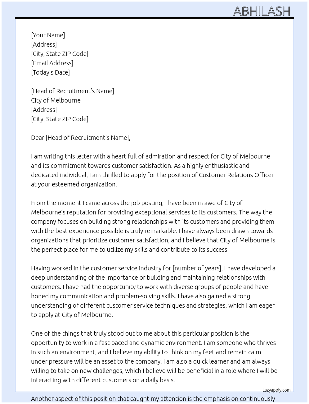 Customer relations officer At City of Melbourne Cover Letter