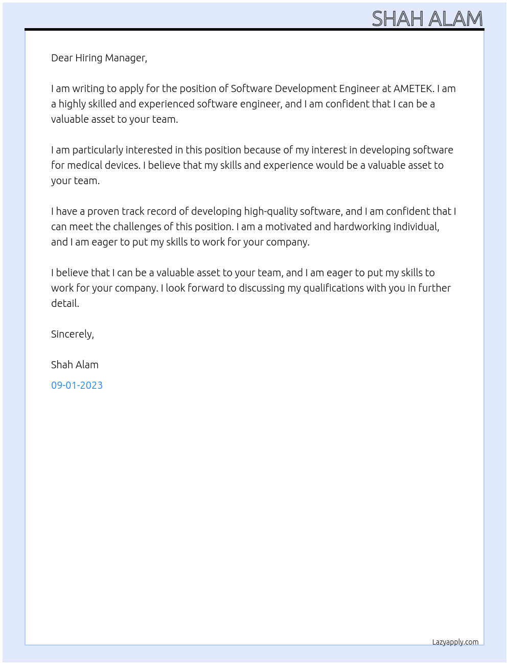 Software Development Engineer At AMETEK Cover Letter