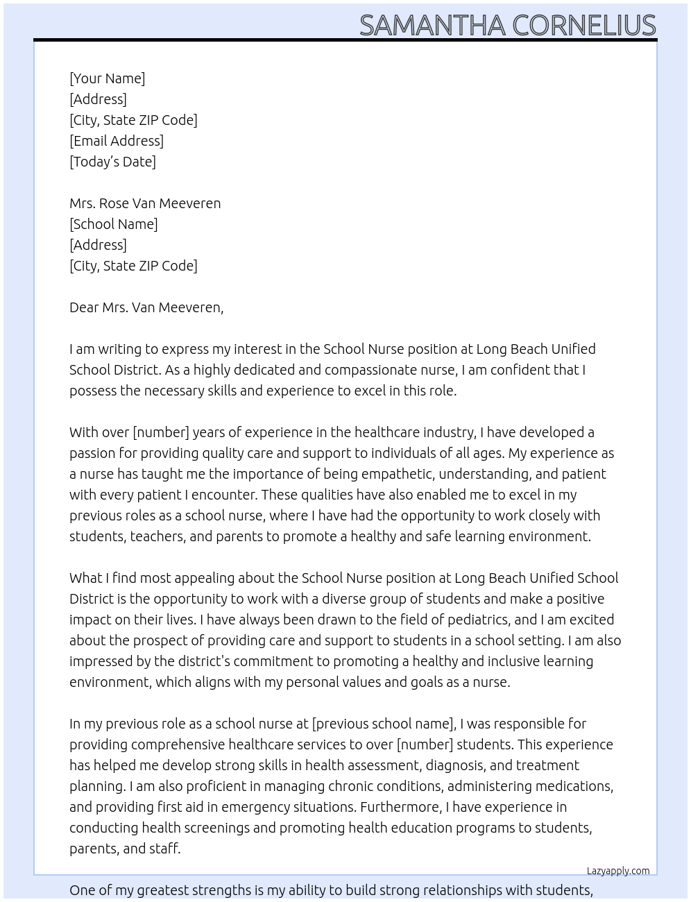 School Nurse At Long Beach unified school district Cover Letter