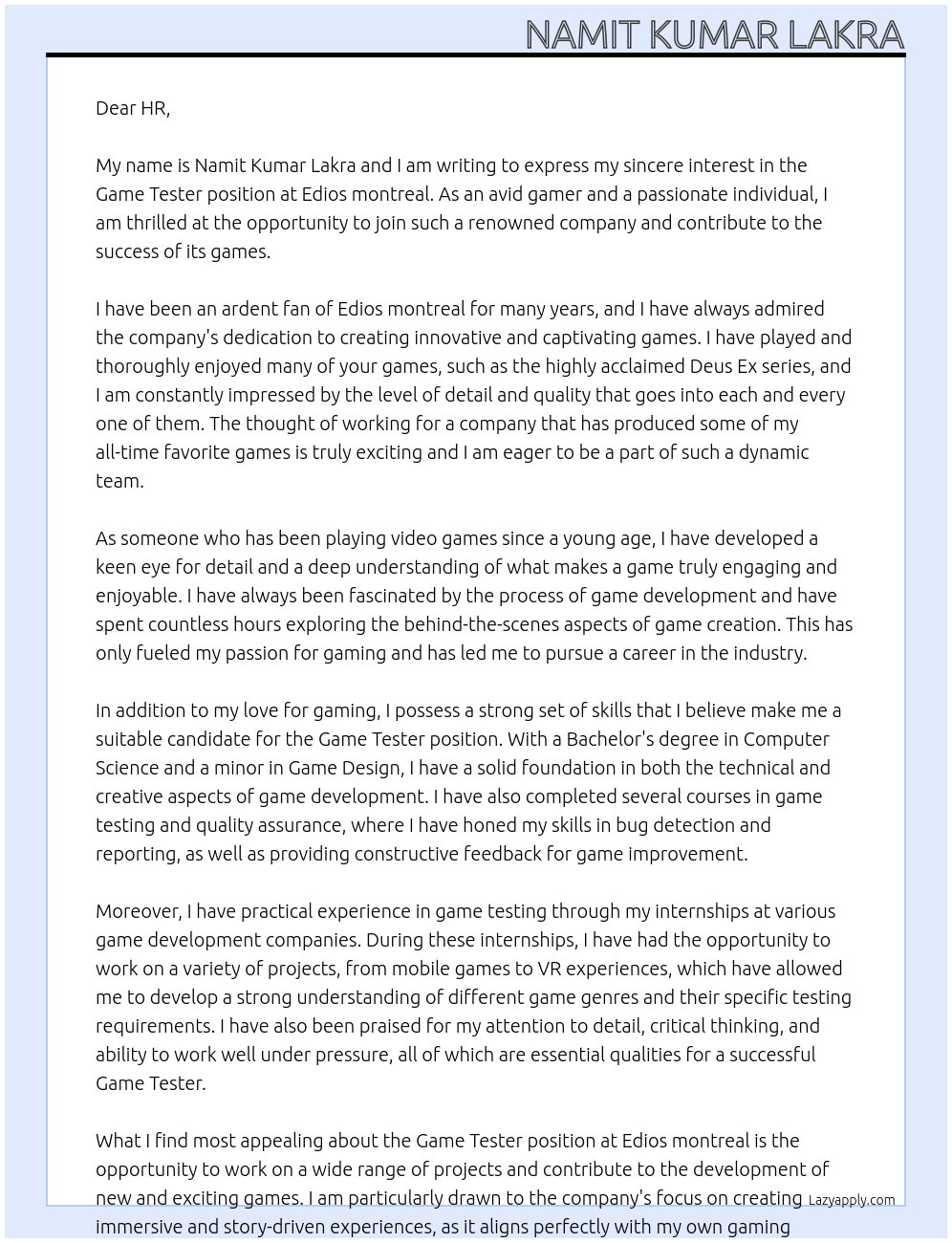 Game Tester At Edios montreal Cover Letter