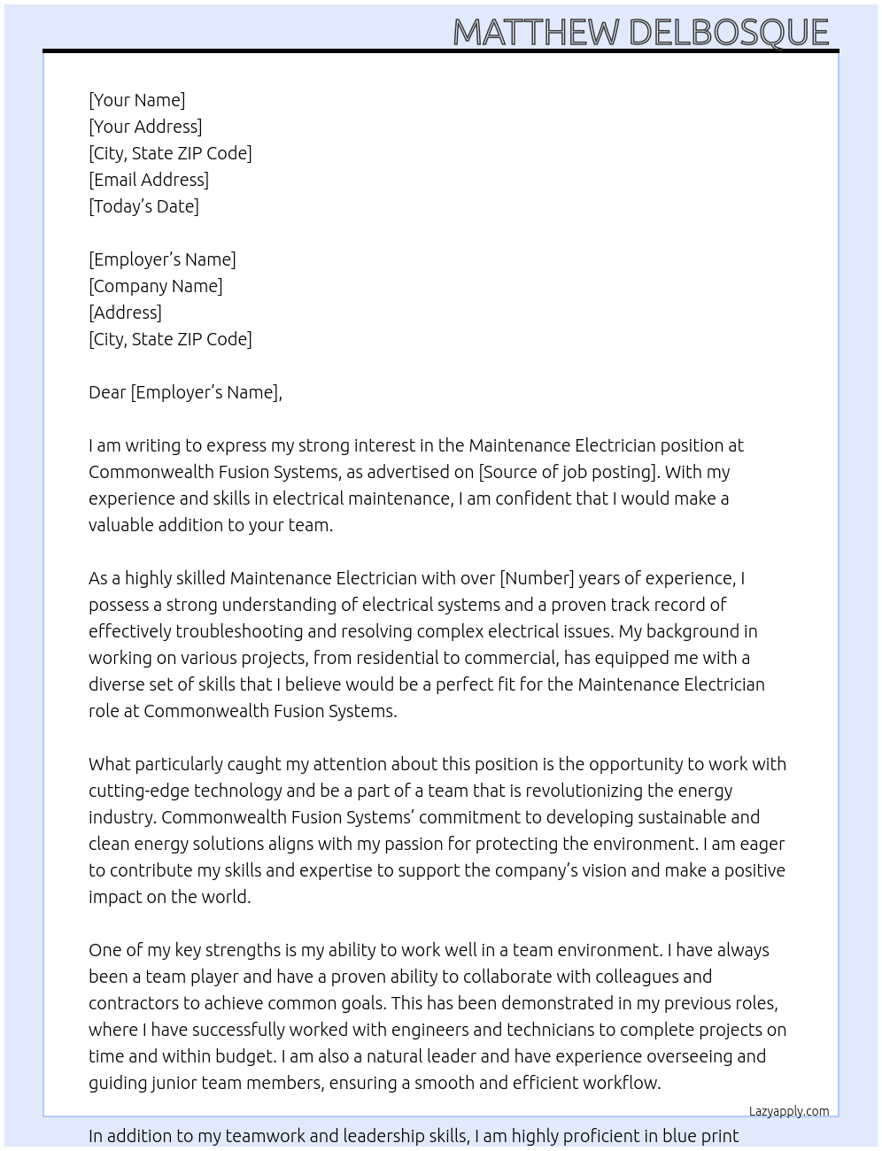 Maintenance Electrician At Commonwealth Fusion Systems Cover Letter