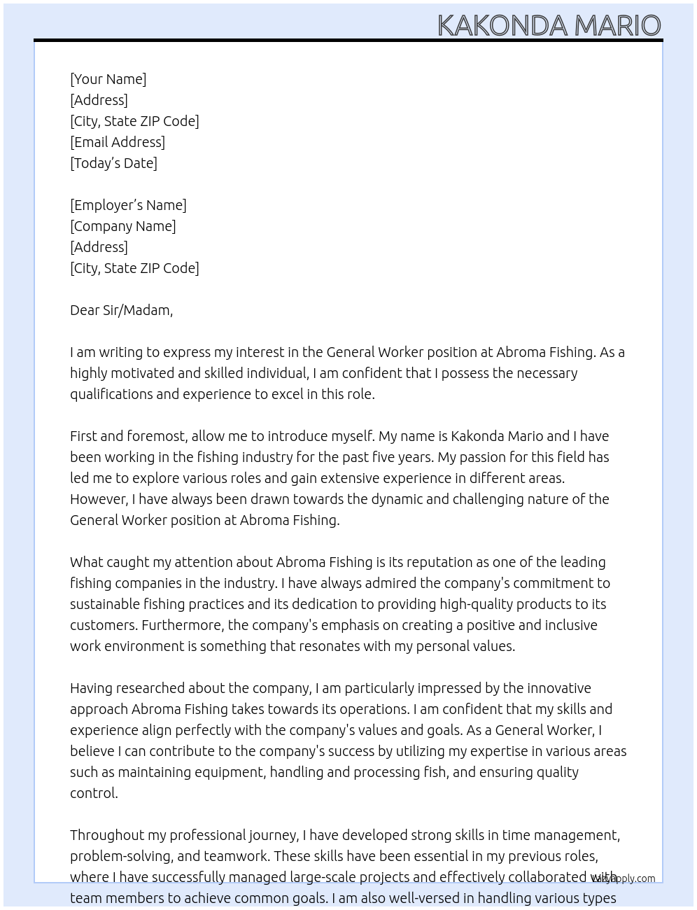 General Worker At Abroma Fishing Cover Letter