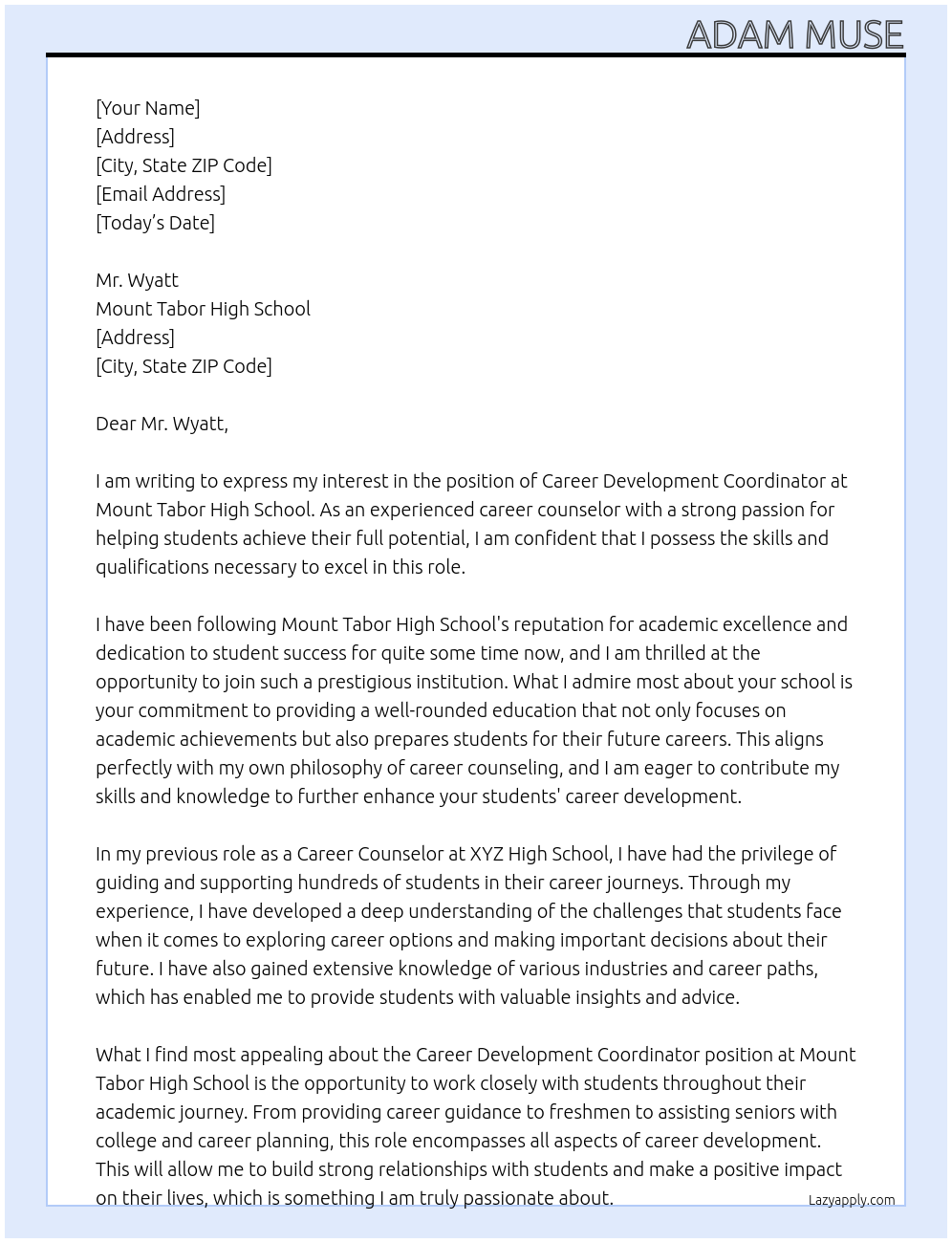 Career Development Coordinator At Mount Tabor High School Cover Letter