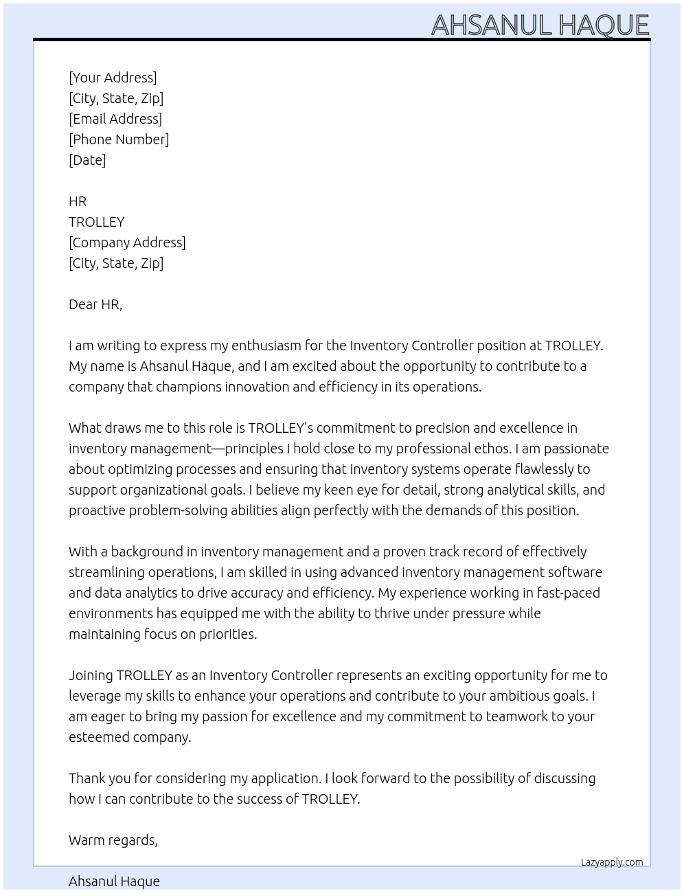 INVENTORY CONTROLLER At TROLLEY Cover Letter
