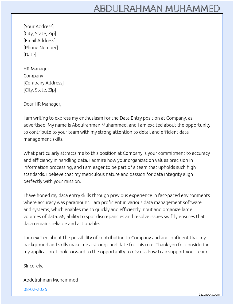 Data entry At Company Cover Letter