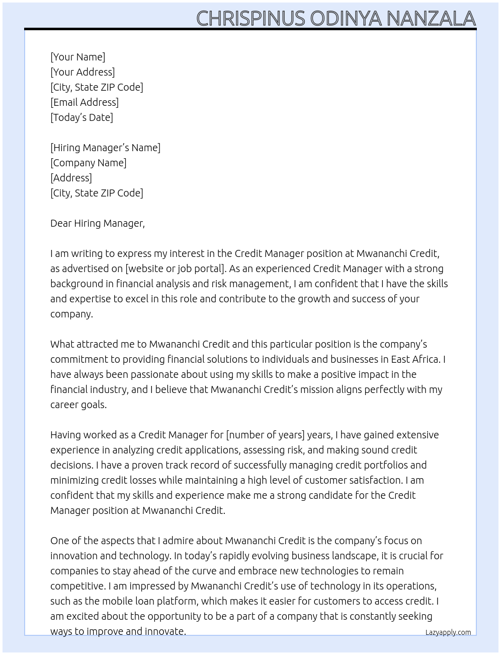 Credit Manager At Mwananchi Credit Cover Letter