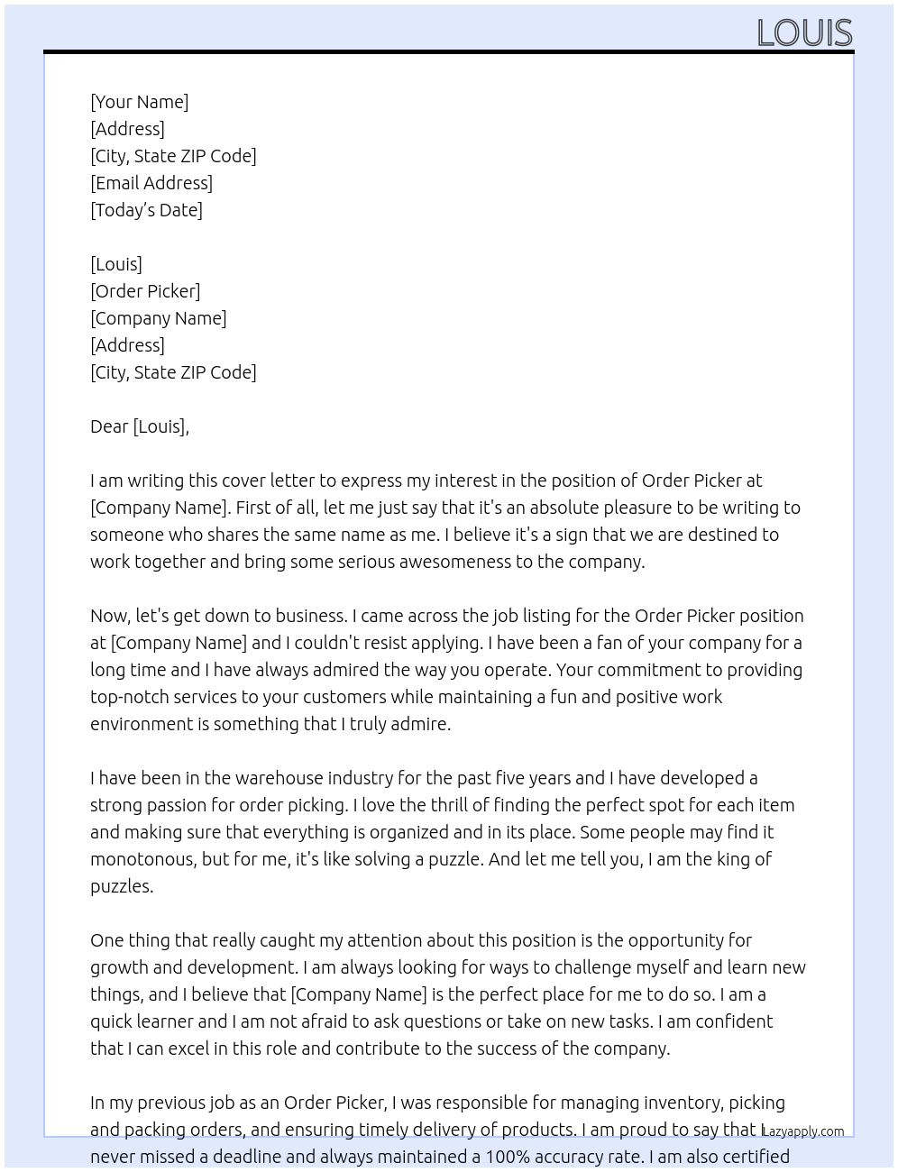 order picker At Louis Cover Letter