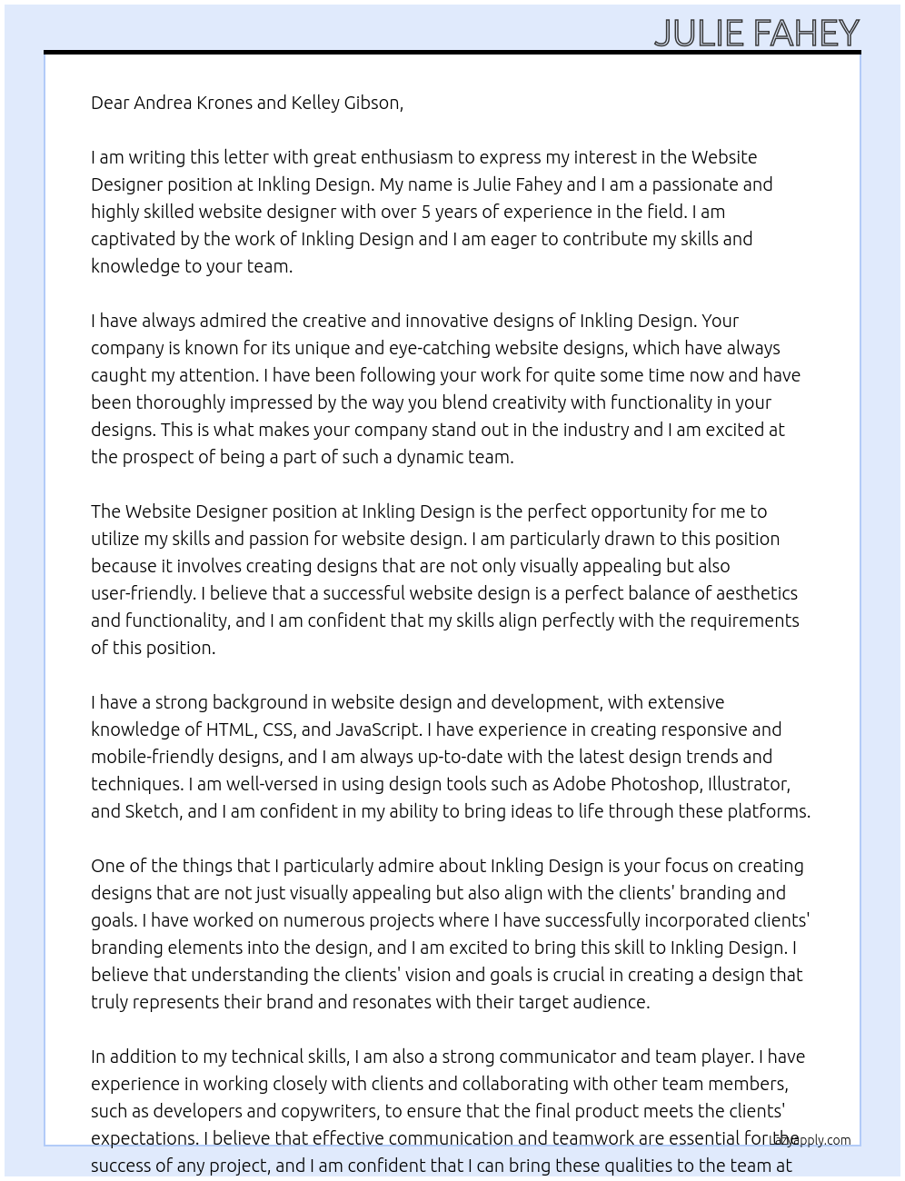 Website Designer At Inkling Design Cover Letter