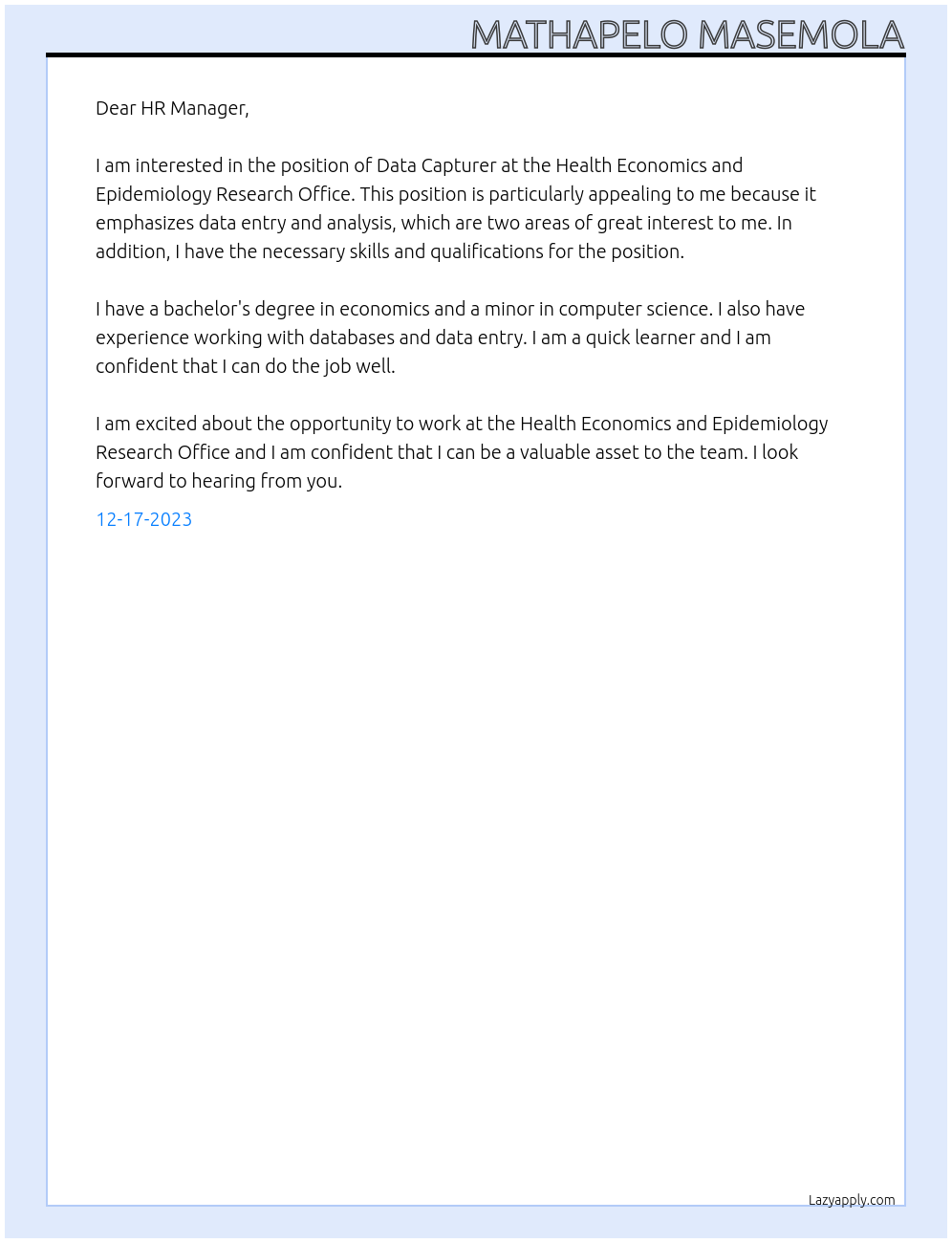 Data Capturer At Health Economics and Epidemiology Research Office Cover Letter