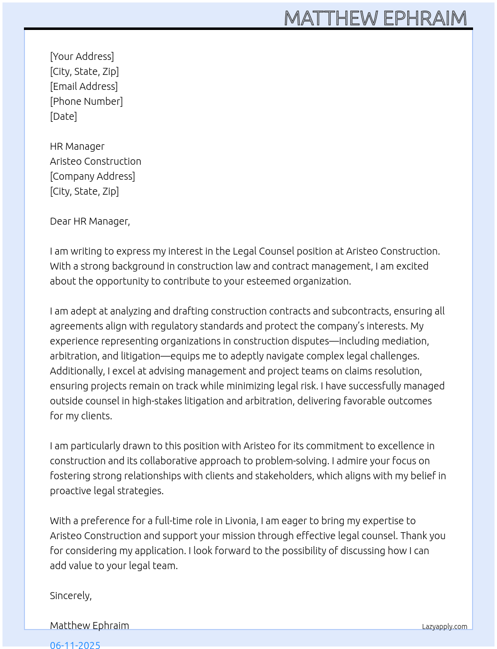 Legal Counsel At Aristeo Construction Cover Letter